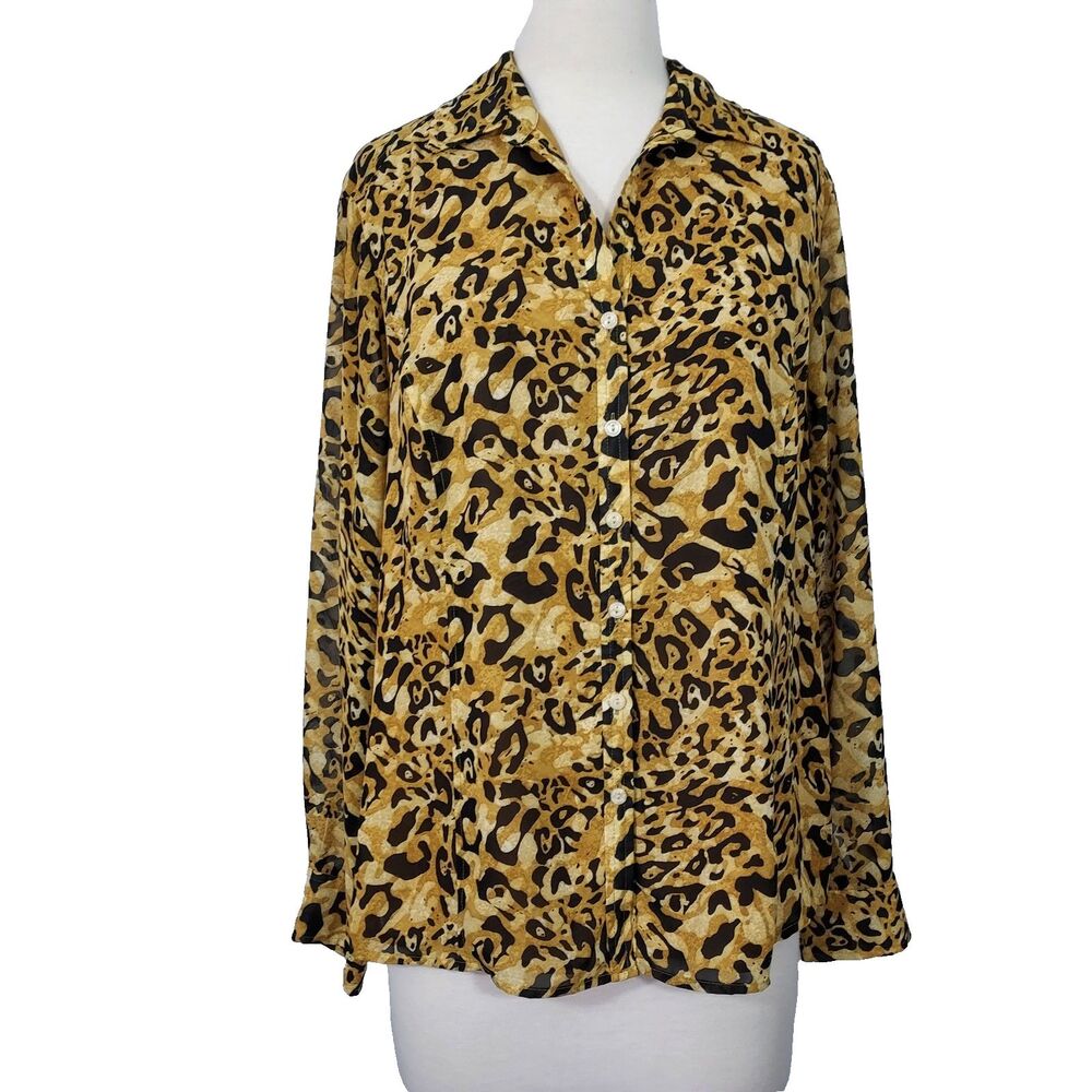 Evan Picone Women Leopard Print Button Up Blouse Top Plus 18W Long Sleeve Lined